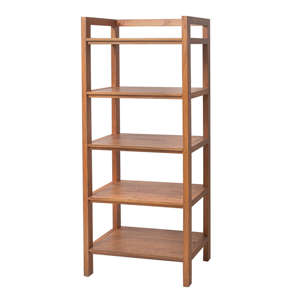 Wooden five-tier shelving unit with open design.