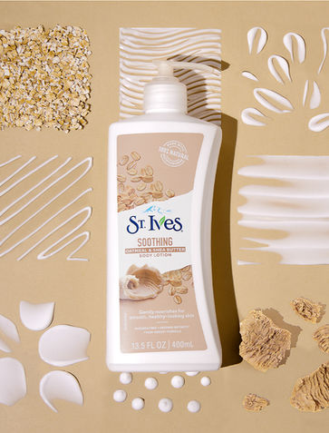 St. Ives Oatmeal & Shea Butter Lotion, with oats, shea, and lotion texture