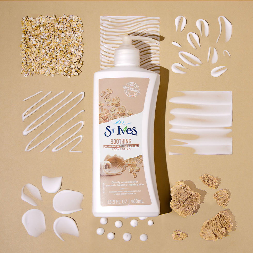 Lotion bottle surrounded by various textured elements.