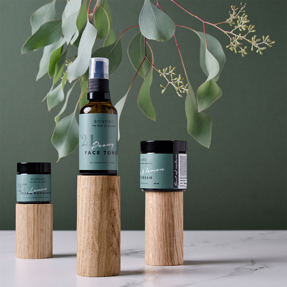 Skincare products on wooden stands with green leaves.