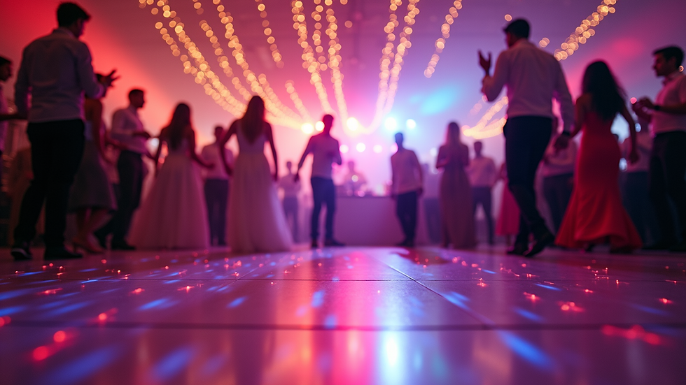 Eye-level view of a wedding reception dance floor with colorful lights and guests dancing