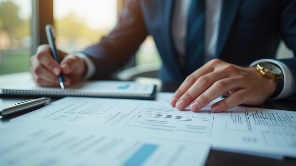 Eye-level view of a business owner reviewing financial documents