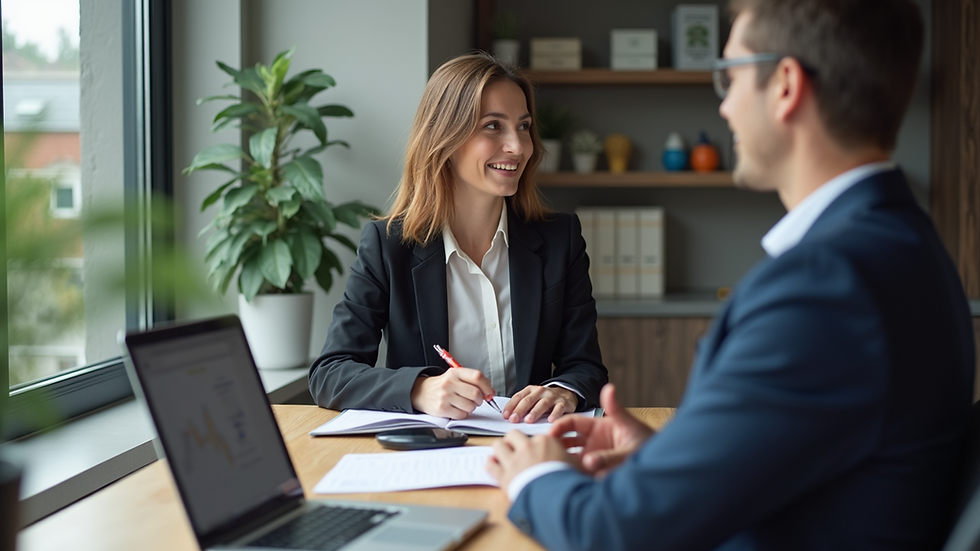 Eye-level view of a business consultant discussing loan options with a client