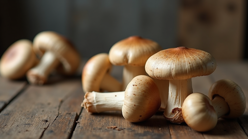 Eye-level view of fresh morel mushrooms on a rustic wooden table