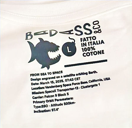 Miniatura: Maglietta Badass&Co: logo interno badass&co, testo "Fatto in Italia 100% Cotone", dettagli missione spaziale.