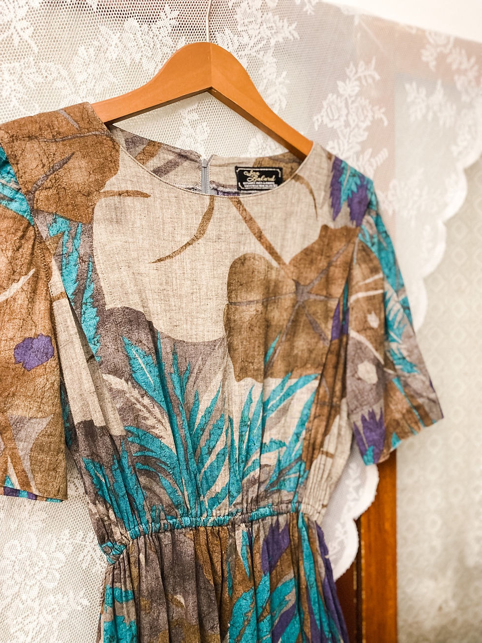 Thumbnail: 啡綠大葉紋短袖連身裙