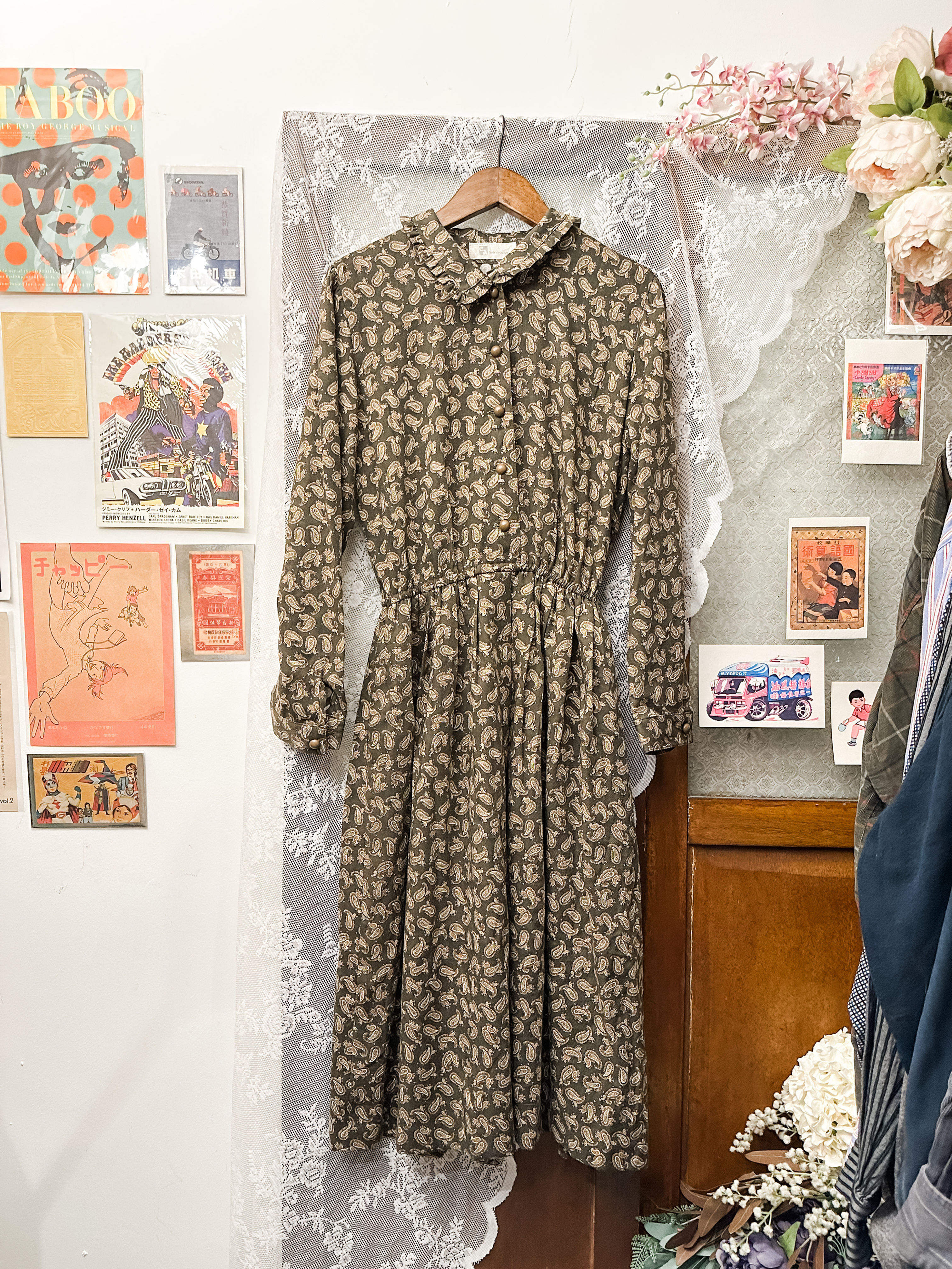 深綠腰果花紋長袖連身裙