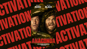 Movie poster with two surprised men wrapped in a large snake, set against a background with repeated red text "ACTIVATIONS." Text reads "ANACONDA, exclusively in theaters Christmas."