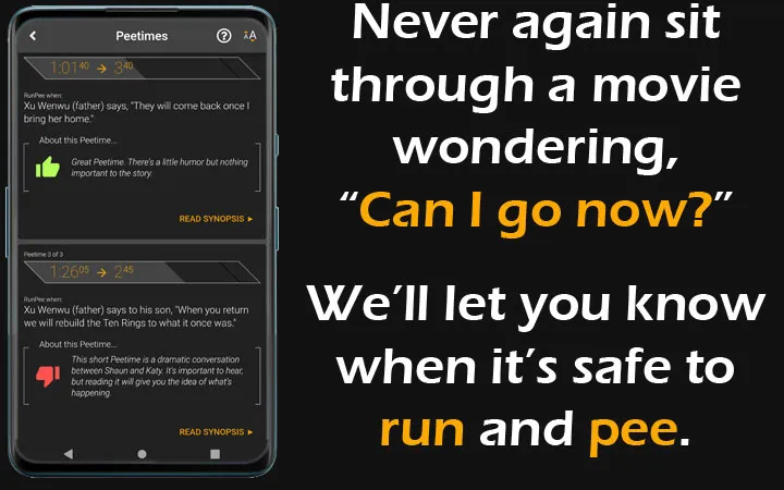Text and a cell phone device showing the RunPee.com interface.