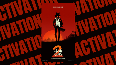 Silhouette of a wolf in a suit with red eyes in front of a red sunset. Text: The Bad Guys 2, In Theaters This Summer. Mood: mysterious.