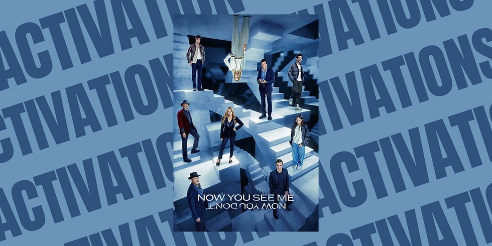 Nine people stand on Escher-like stairs in a blue setting. One is upside-down. The text says “Now You See Me 2.” Background reads “ACTIVATION.”
