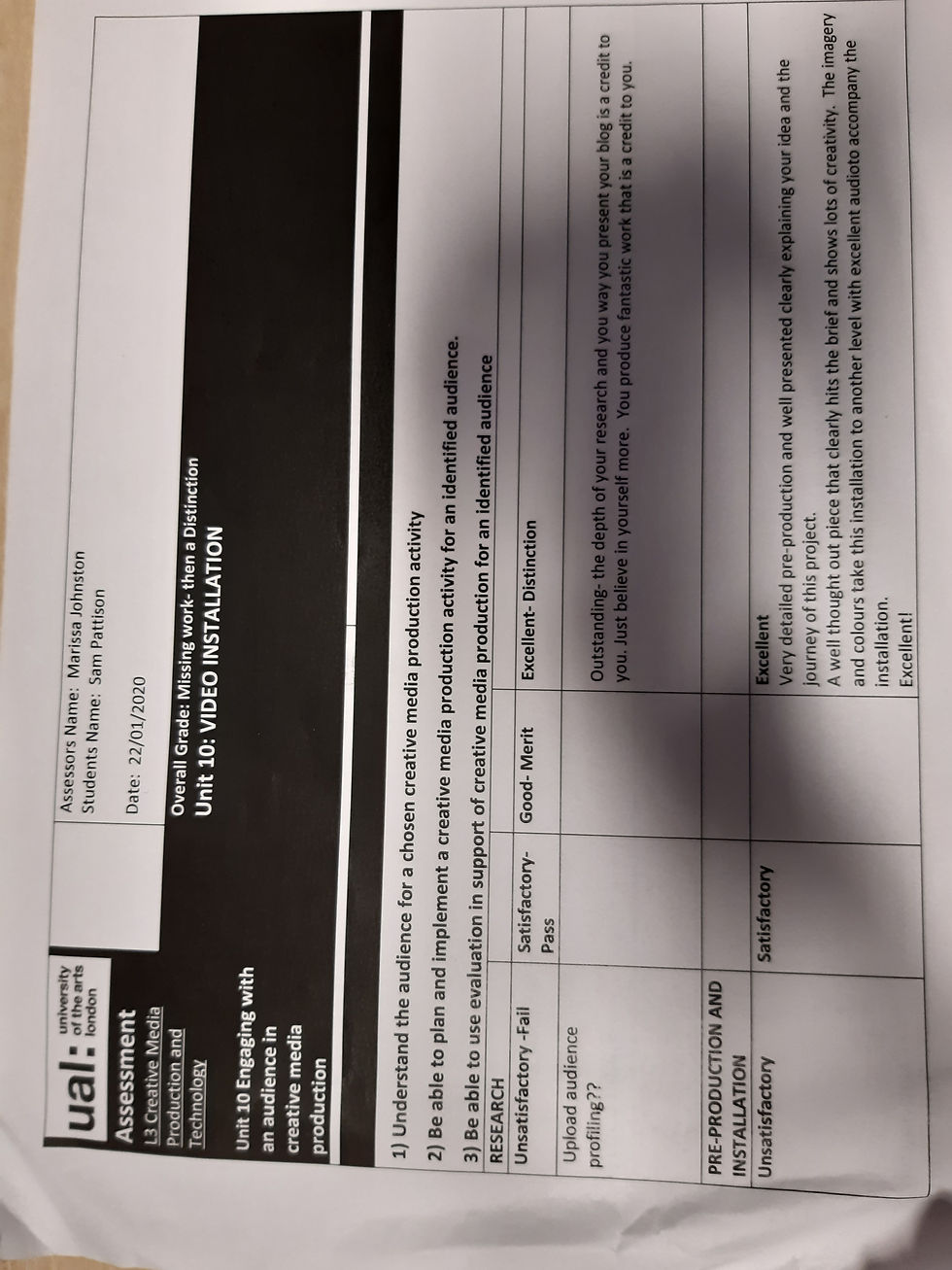 Video Installation: Feedback Sheet