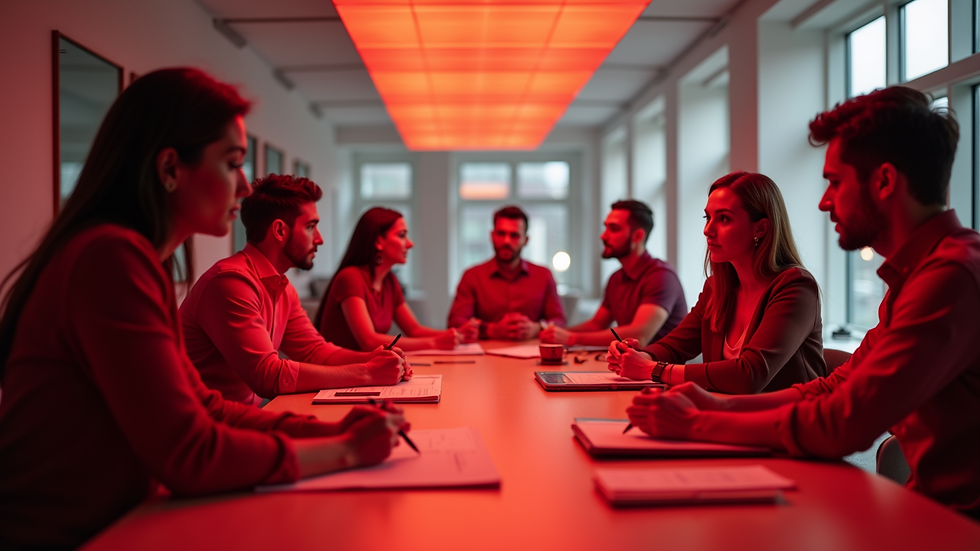 Eye-level view of a red team working collaboratively in a strategy meeting