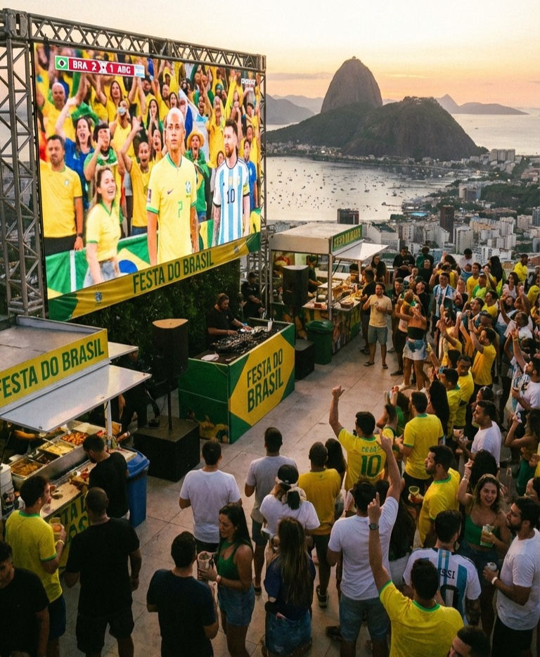 Painel de LED de alta definição em evento corporativo ao ar livre no Rio de Janeiro durante o pôr do sol