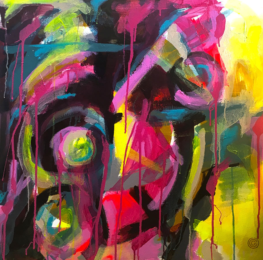 Close up of Encompass is an abstract painting using swirls of pink, yellow and black