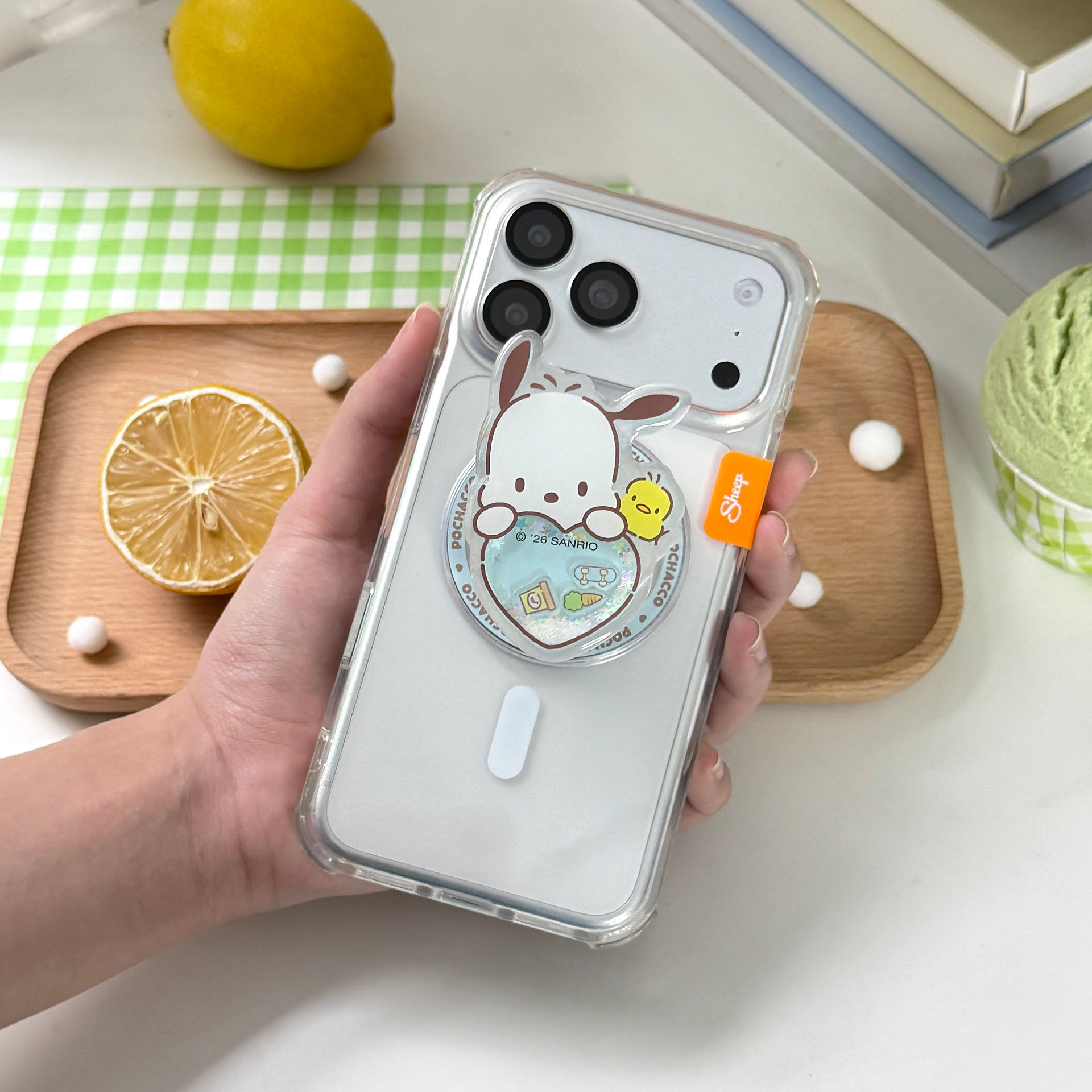 เคส pochacco phone case ซานริโอ้ โปเชโกะ ของแท้ โทรศัพท์ มือถือ ลิขสิทธิ์แท้ สีเขียว ฟ้า ลูกเจี๊ยบ pi-chans phone accessories magsafe griptok sheep phone grip ที่แปะมือถือ กริ๊บต๊อก เขย่าเล่นได้ ลายน่ารัก