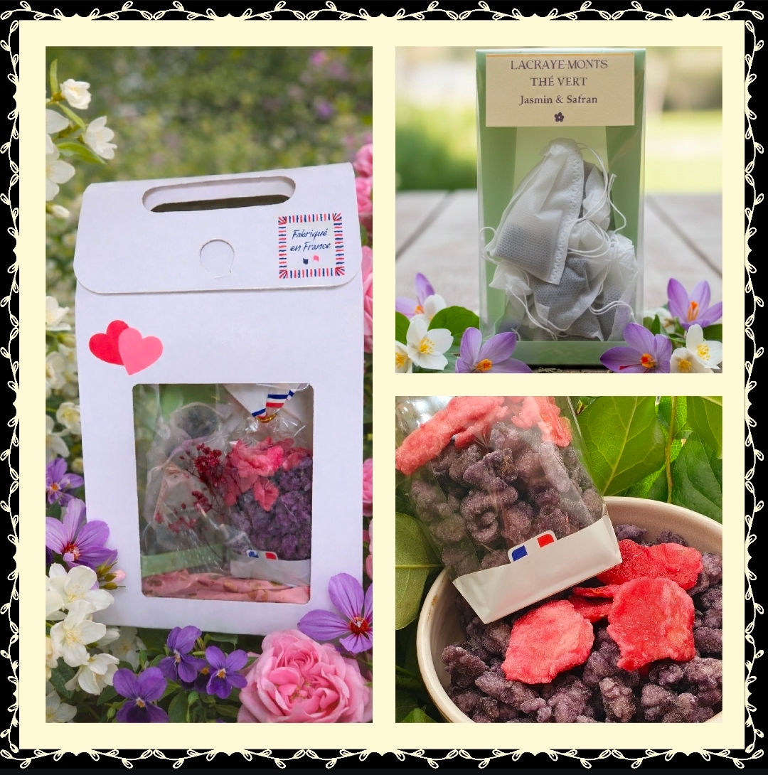 3 images avec des sachets de thé , de fleurs cristallisées et un coffret cadeau