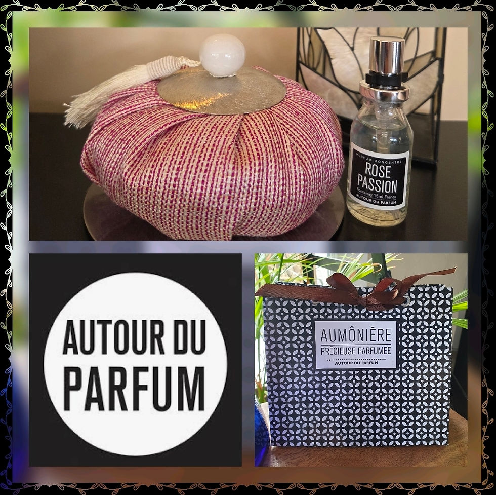 Trois image , un logo autour du parfum , une aumonière parfumée rose passion et un sachet cadeaue