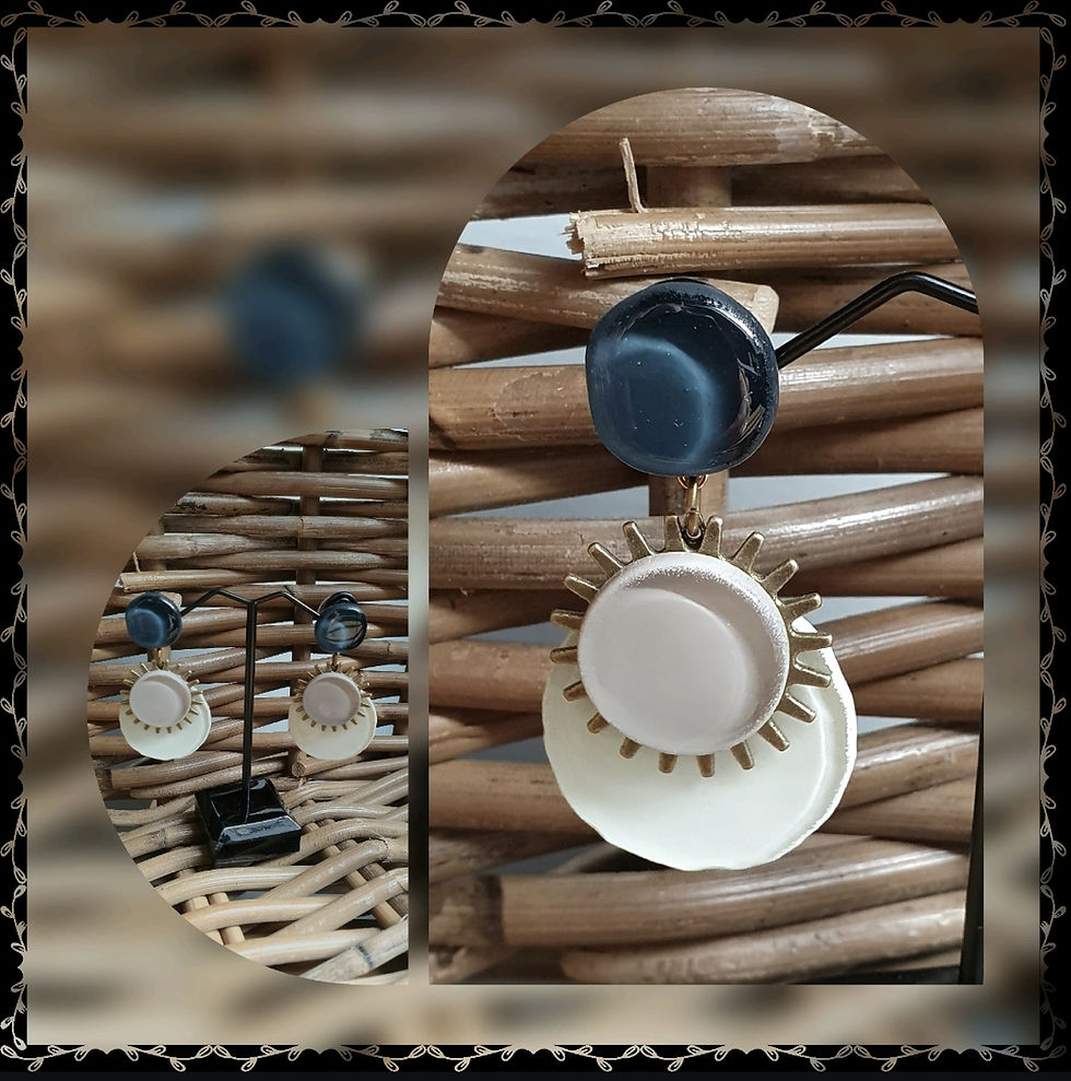 Boucles d'oreilles pendantes blanches et bleues sur fond de bois tressé.