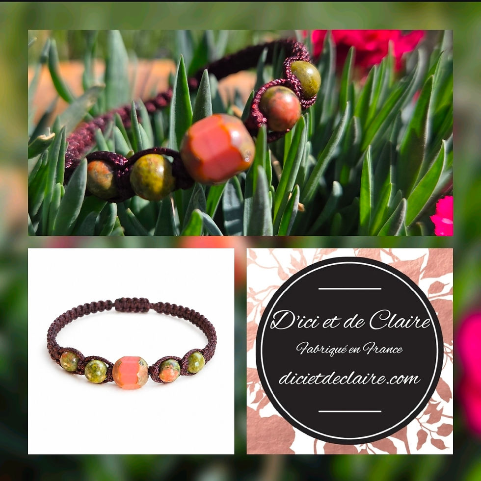 Un bracelet shamballa dans une plante fleuri , logo d'ici et de claire , un bracelet sur fond blanc