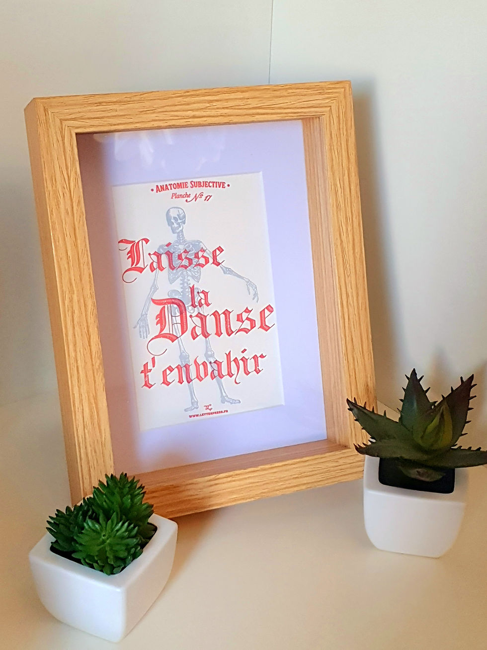 Cadre en bois avec affiche « Laisse la Danse t'envahir » et plantes D'Ici et de Claire.