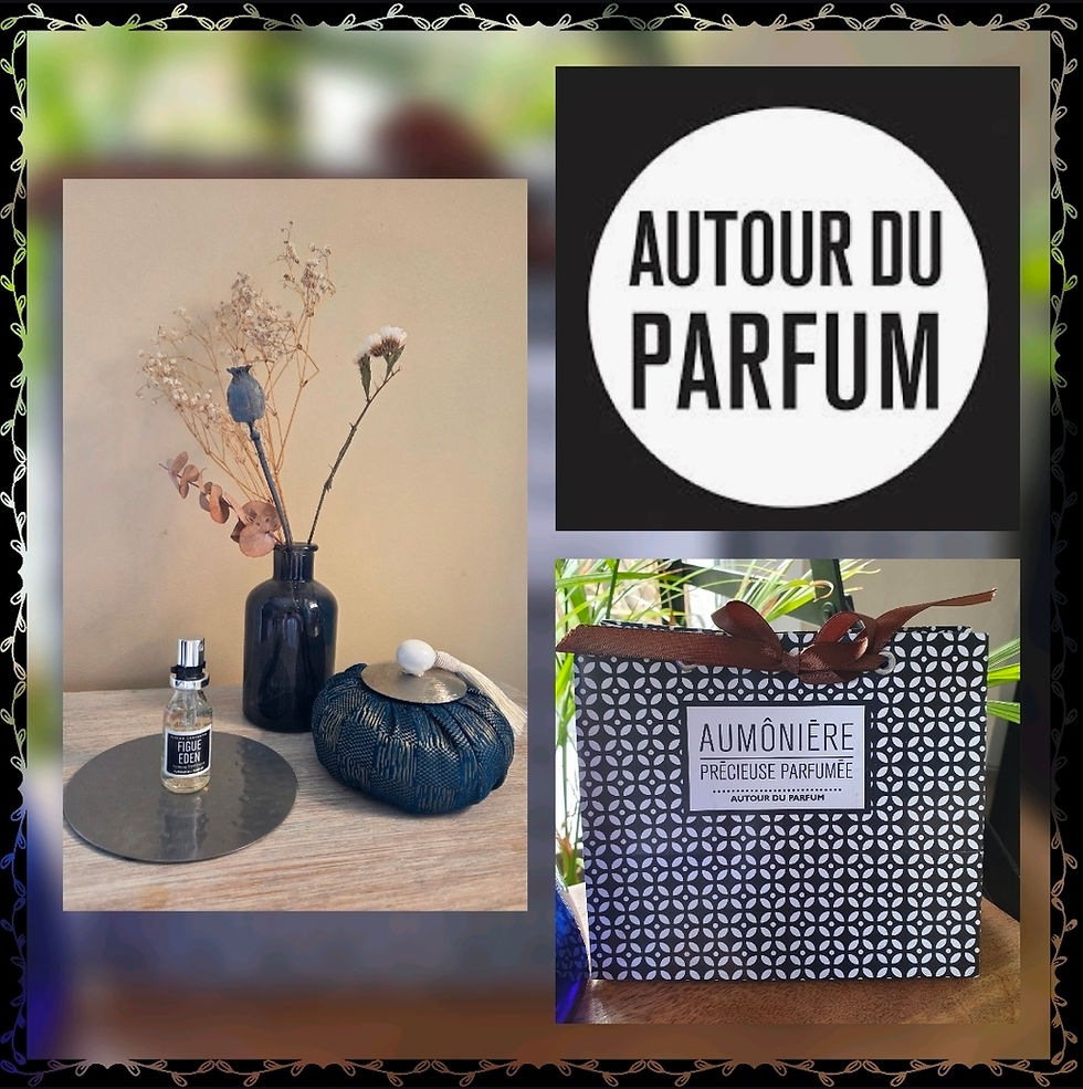 logo autour du parfum , un sachet cadeau,une aumônière avec une coupelle et une recharge de parfum