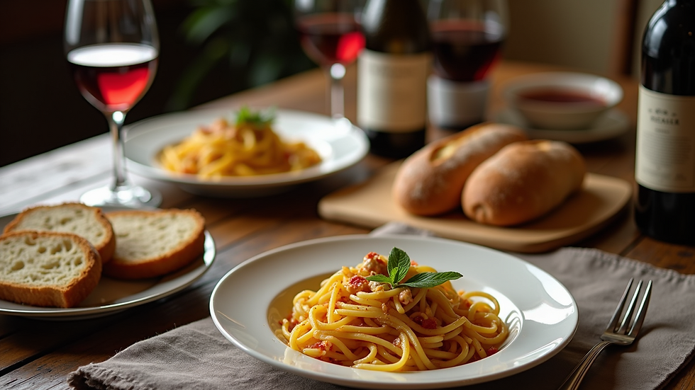 High angle view of a rustic Italian meal spread with pasta, bread, and wine