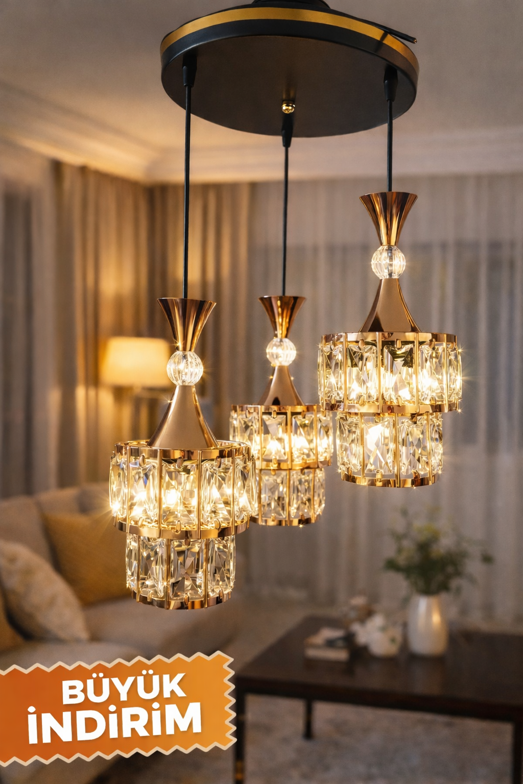 mirsa çizgili miraç kristal avize 3 lü gold