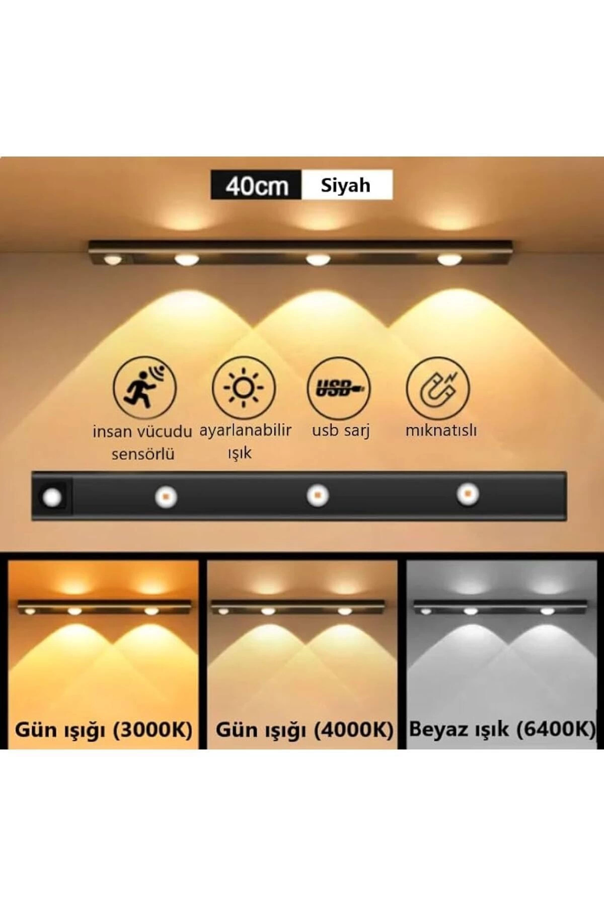3W Led'li Mutfak ve Dolap ��i 3 Renk Mod'lu USB �arjl� Sens�rl� Armat�r CT-2464