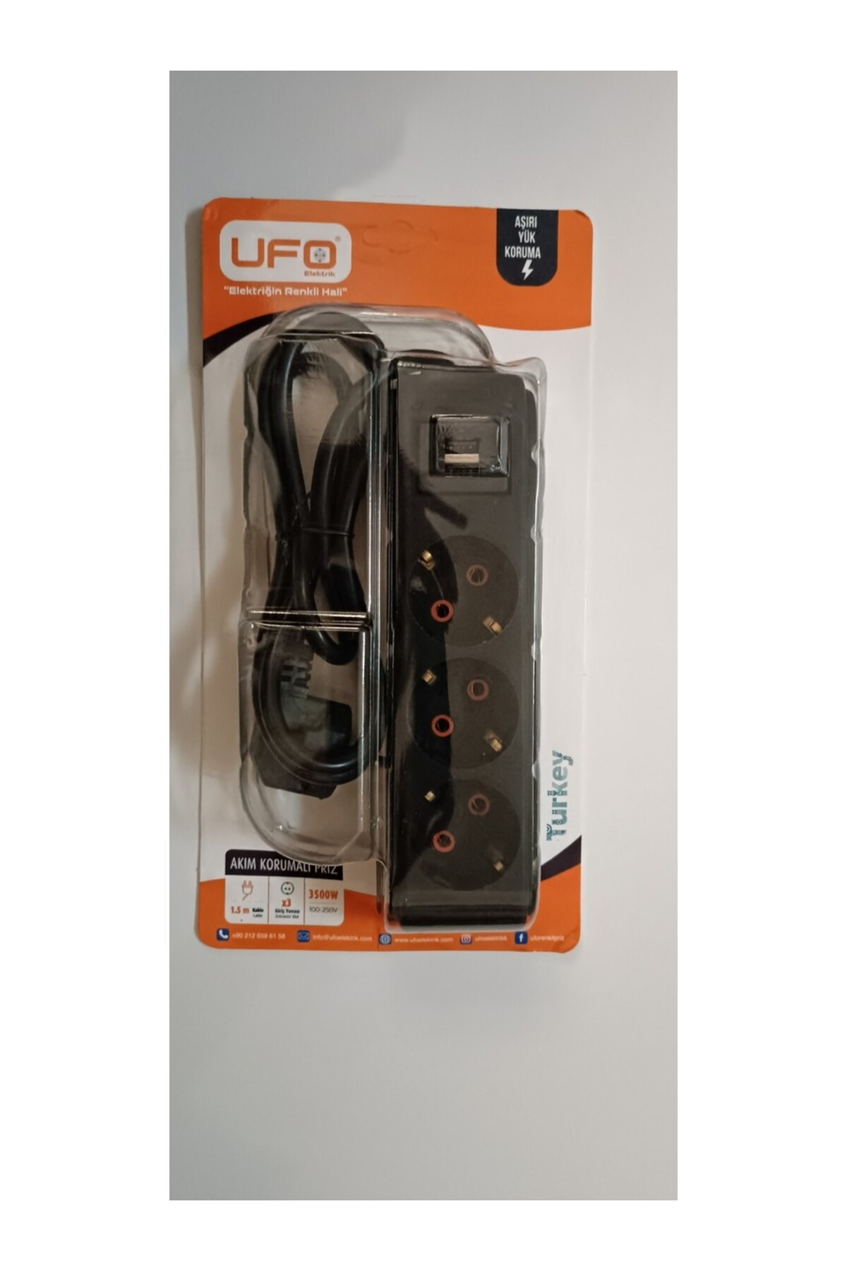 Tekno Ak�m Korumal� Anahtarl� Kablolu ��l� Grup Priz Siyah 1.5 Metre 3500w