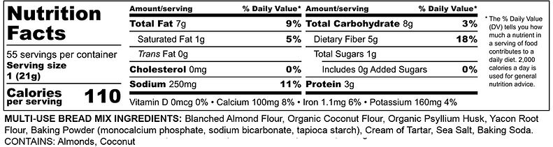 breads and buns mix nutritional panel by Grain Free Planet