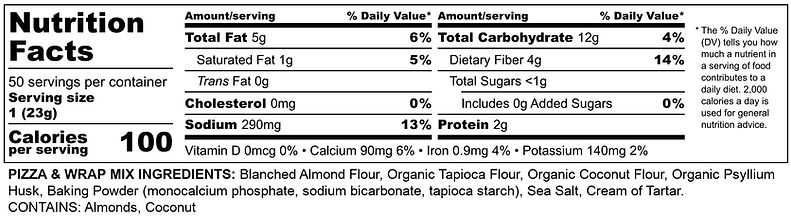 pizza and wrap mix nutritional panel by Grain Free Planet