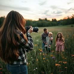 realistic picture of a long haired female brunette photographer taking photos of a family