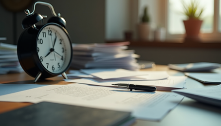 A clock, papers and a pen on a desk.