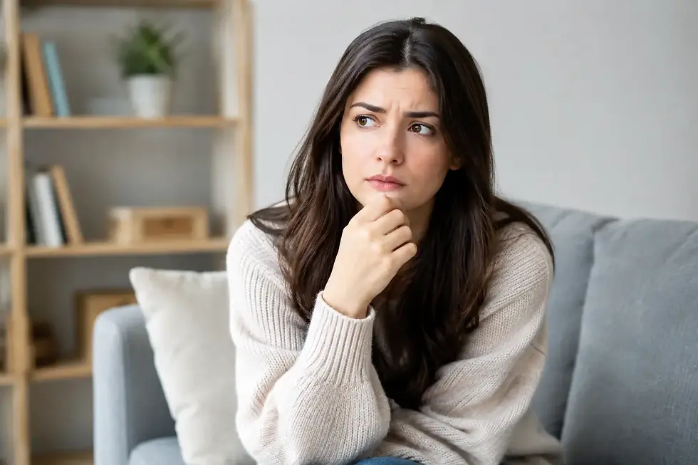Thoughtful woman in a white sweater sits on a grey couch, hand on chin, looking worried in a cosy room with shelves and a plant.