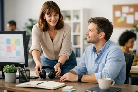 Woman employer hands headphones to smiling man with Adult ADHD at an office desk, with computer, notebook, and sticky-note board nearby.