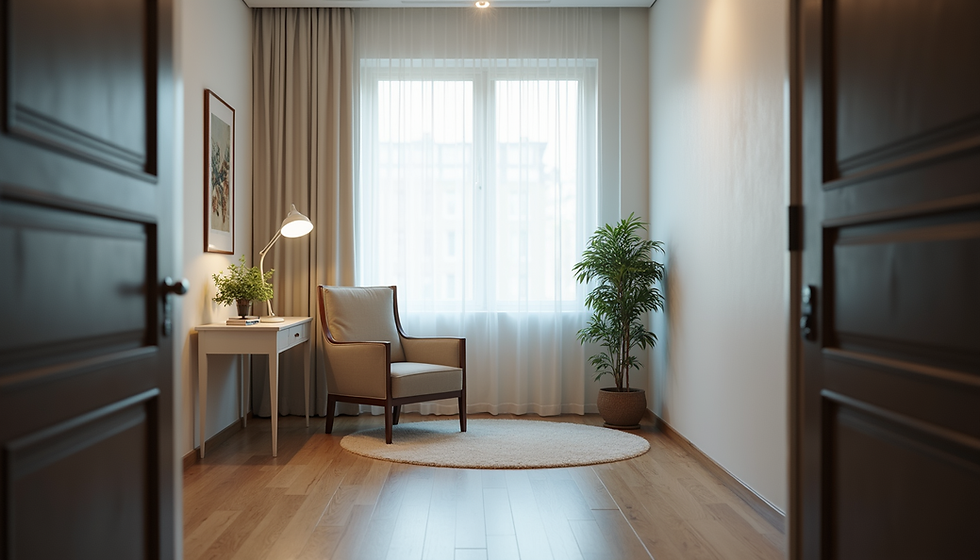 Private psychiatrist consultation room with a large window, chair, table, lamp, house plant, picture on the wall, wooden floor and small round rug..