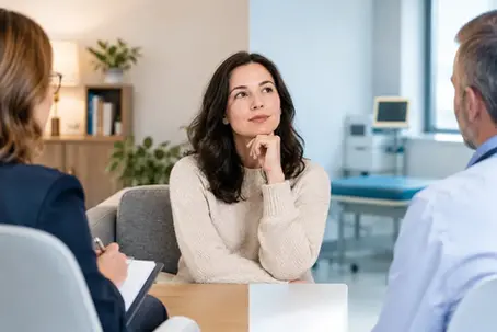 Woman in cream sweater listens thoughtfully between two professionals in two different bright offices during a calm consultation.