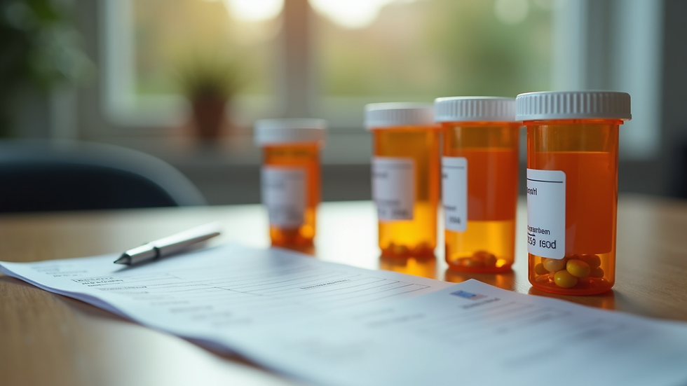 Close-up view of medication bottles and a prescription pad on a wooden table