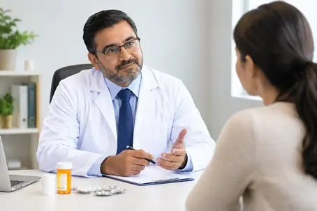 Psychiatrist in white coat talks with a female patient in a clinic office, with pills and a laptop on the desk. Plant and bookshelf in background.