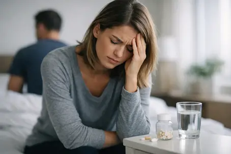 Distressed woman sits on bed holding her head beside pills and water, with a blurred man in the background.