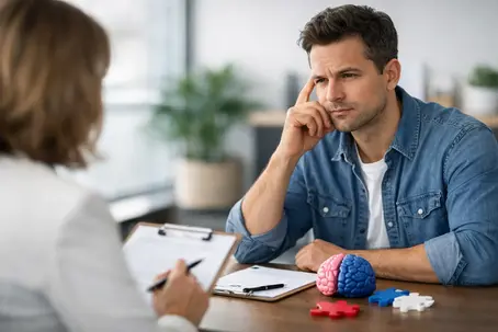 A male patient listening attentively to a psychiatrist undertaking Adult ADHD screening and sitting at a table. A small coloured brain model sits on the table.