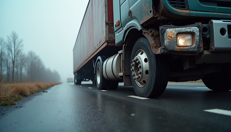 Close-up view of a damaged semi-truck after an accident