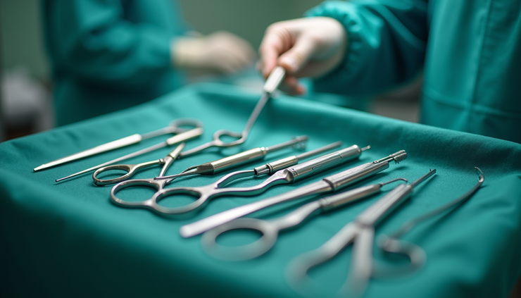 Eye-level view of surgical instruments laid out on a sterile tray in an operating room