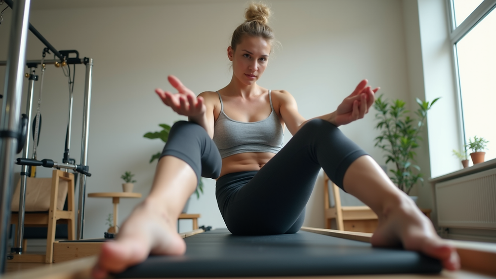 Eye-level view of a Pilates instructor demonstrating a reformer exercise