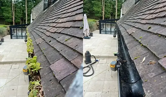 Before and after of gutters cleaned in Longfield by CR Cleaning Kent