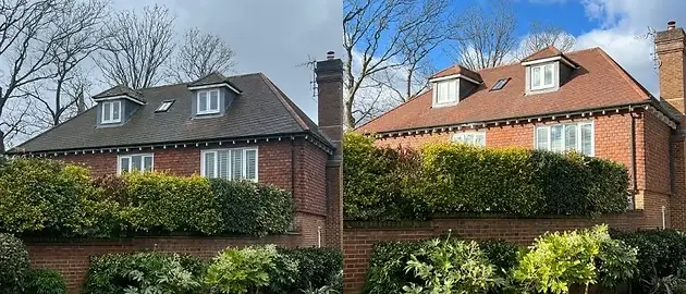 Before and after roof cleaning, moss removal, and roof sealing on a residential property in Redhill, Surrey