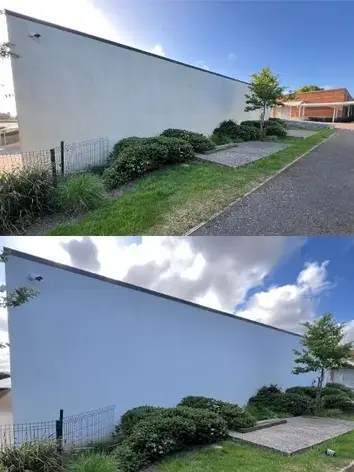 before and after results of a commercial render clean for company feature wall