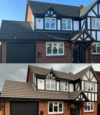 before and after results of a roof after being cleaned by cr cleaning kent