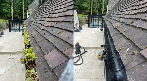 Before and after of gutters cleaned in Greenhithe by CR Cleaning Kent